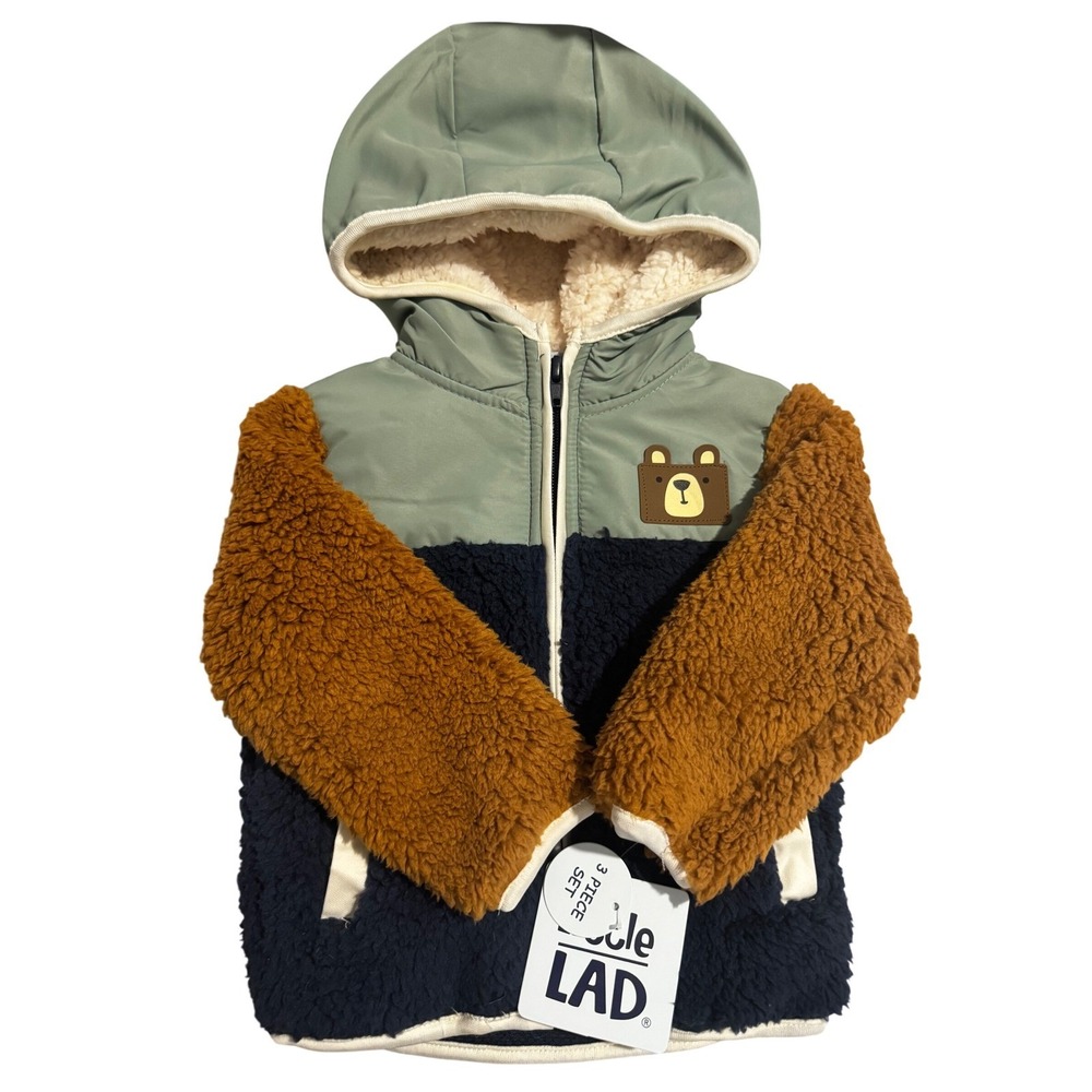 Little Lad Baby Boys 3 Piece Sherpa Jacket Shirt Pants Set Bear Sage Navy 12M